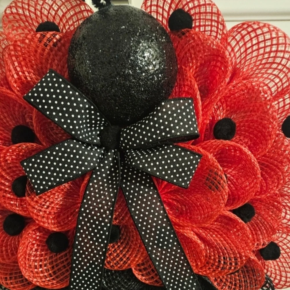 Handmade Red and Black Ladybug Holiday Wreath - Home Holiday Decor